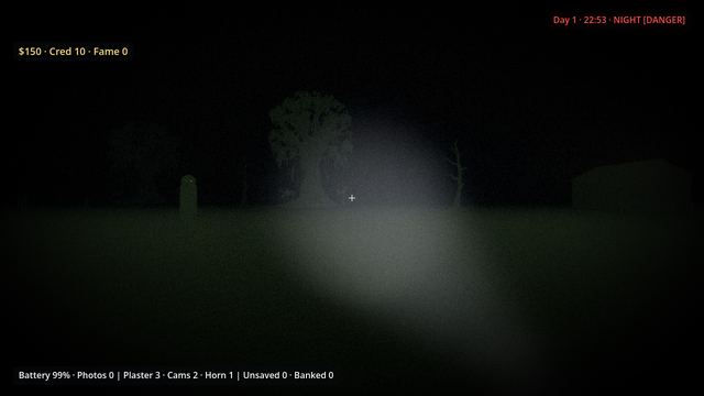 A dark upright shape with two glowing eyes at the edge of a flashlight beam