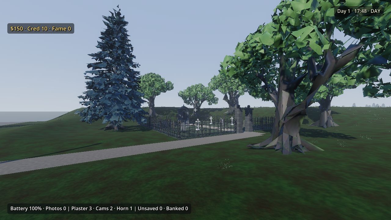 A graveyard with headstones under large trees