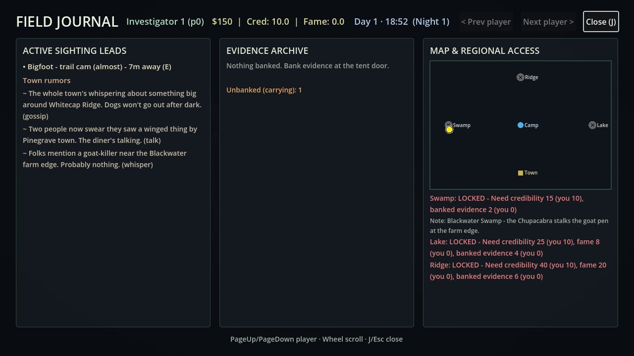 The field journal screen with sighting leads, town rumors and a zone map