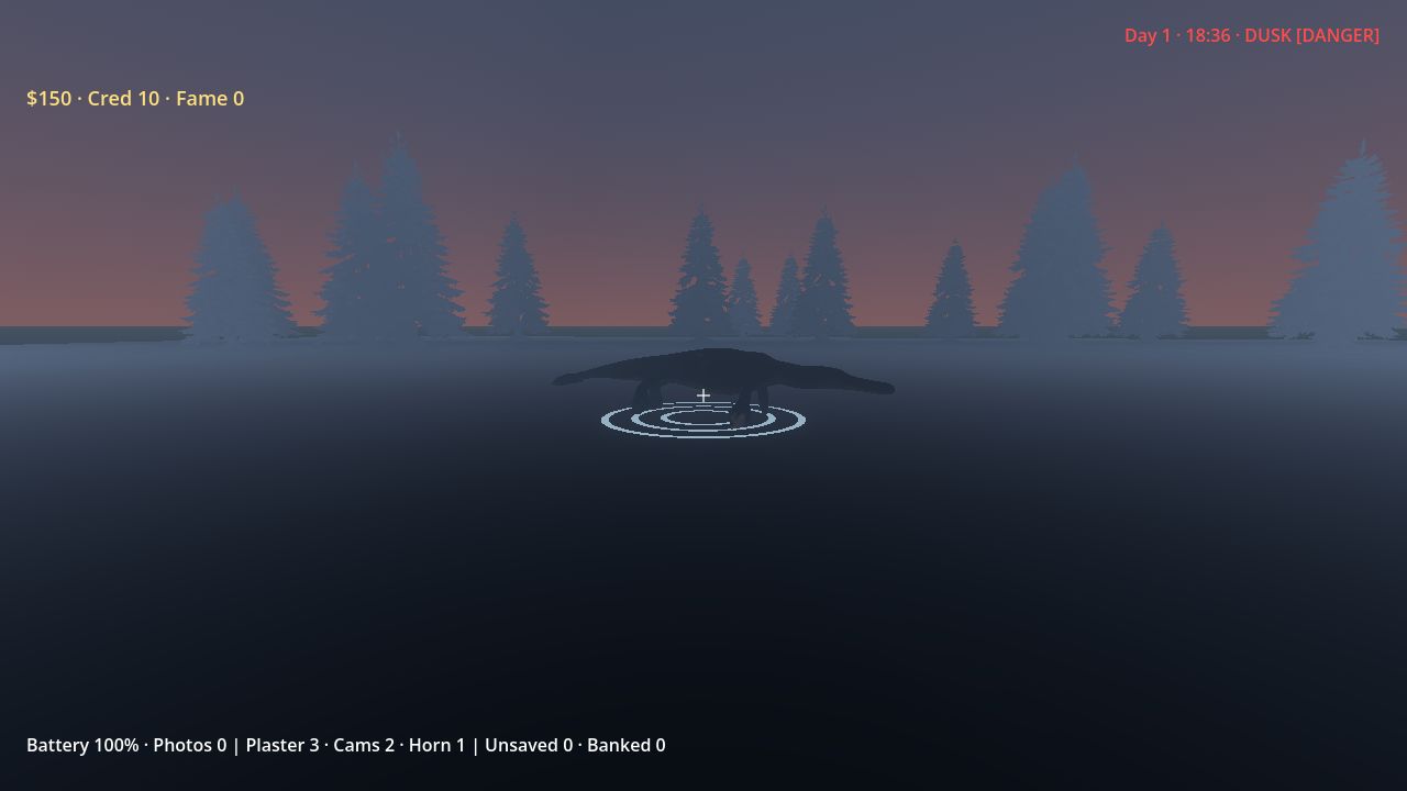 Ripples and a dark shape breaking the surface of a misty lake