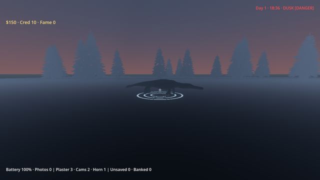 Ripples and a dark shape breaking the surface of a misty lake