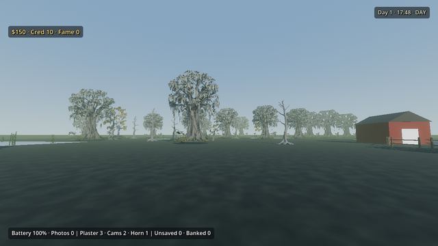 Swamp trees and a red barn under a grey sky