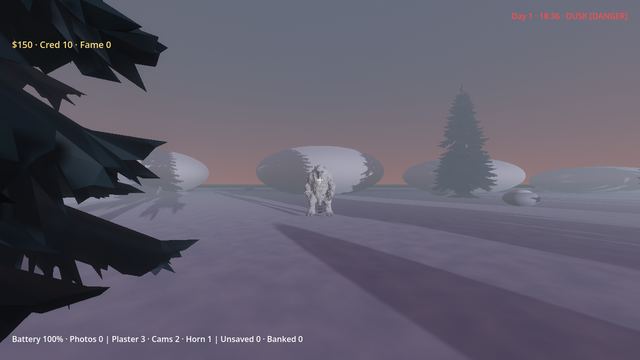 A pale figure standing on a snowy ridge under a purple sky